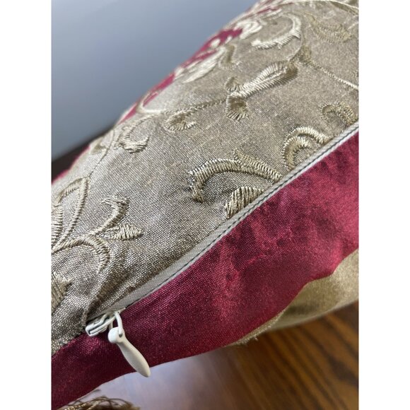 Embroidered Accent Pillow 16" x 21" Feather Bronze Burgundy Tasseled Vibrant - Picture 7 of 8